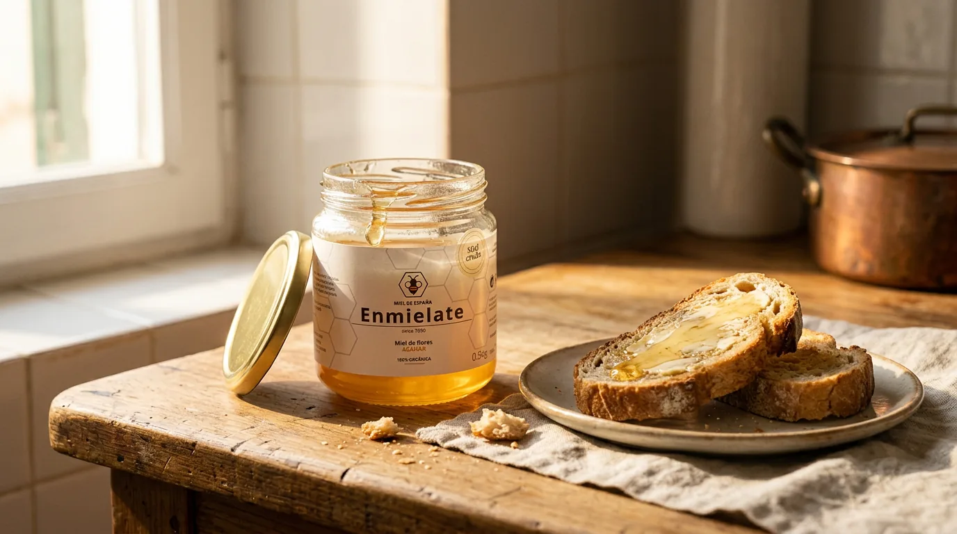 Tarro de miel a medio usar sobre una encimera de madera con tostadas por la mañana