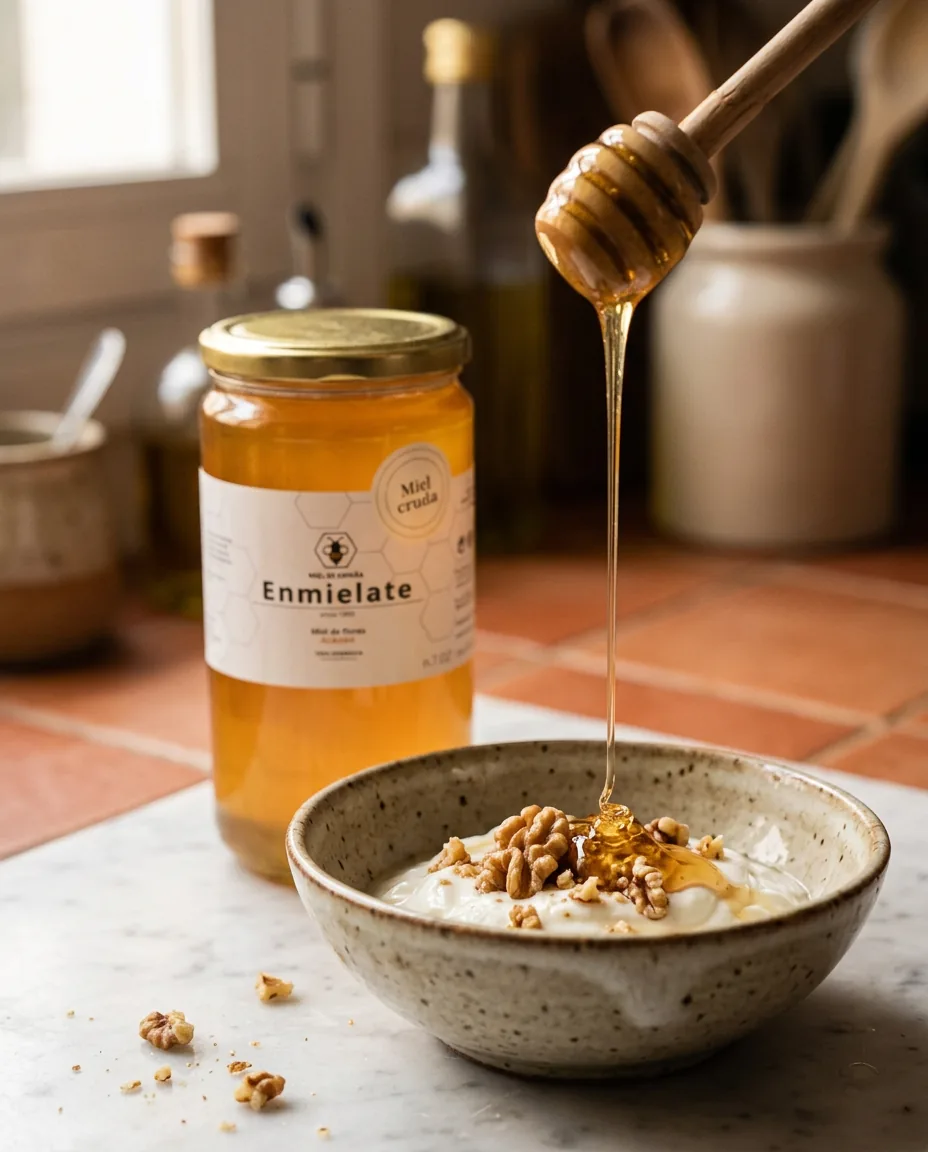 Cucharada de madera vertiendo miel cruda de azahar sobre un bol de yogur con nueces