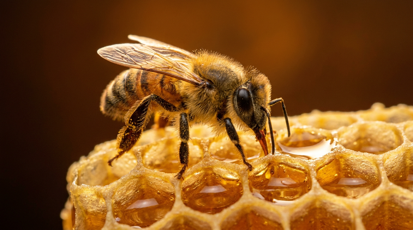 Abeja sobre las celdas de un panal lleno de miel